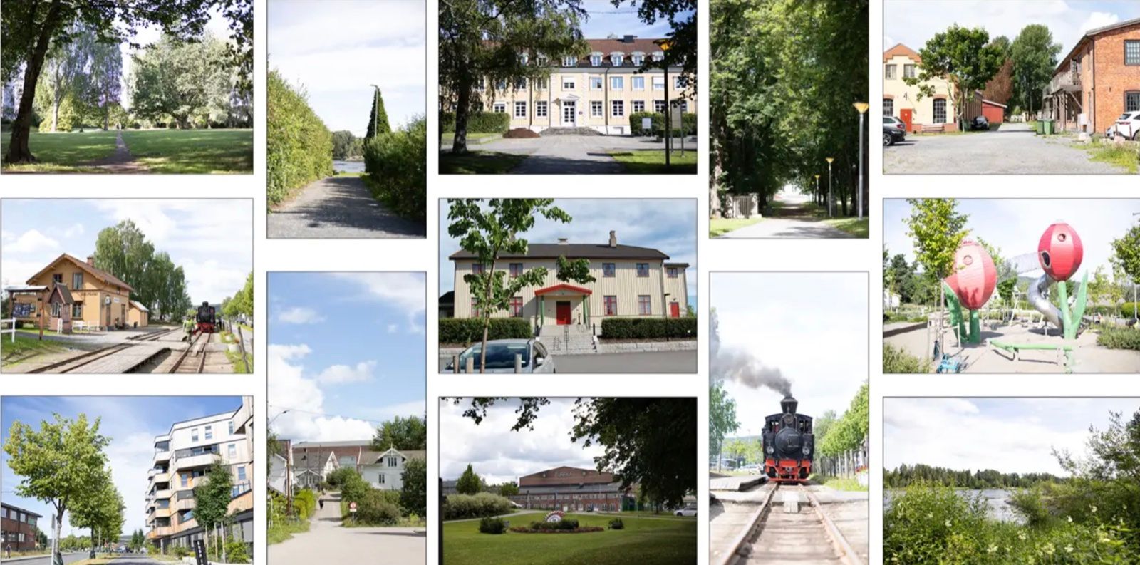 Bildekollasj fra Sørumsand sentrum med bygninger, gater, grøntområder og veteranbanen